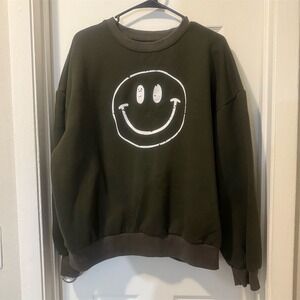 Unisex XL Smiley Face Graphic Sweatshirt Olive Green